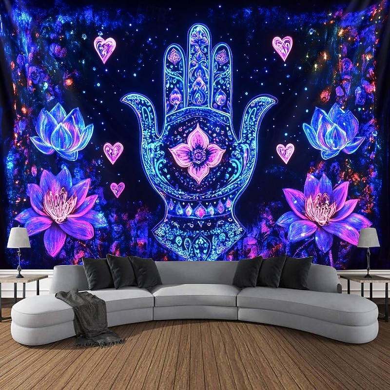 Blacklight Tapestry Glow in the Dark Glow Party UV Reactive Boho Trippy Misty Hanging Tapestry Wall Art Mural for Living Room Bedroom