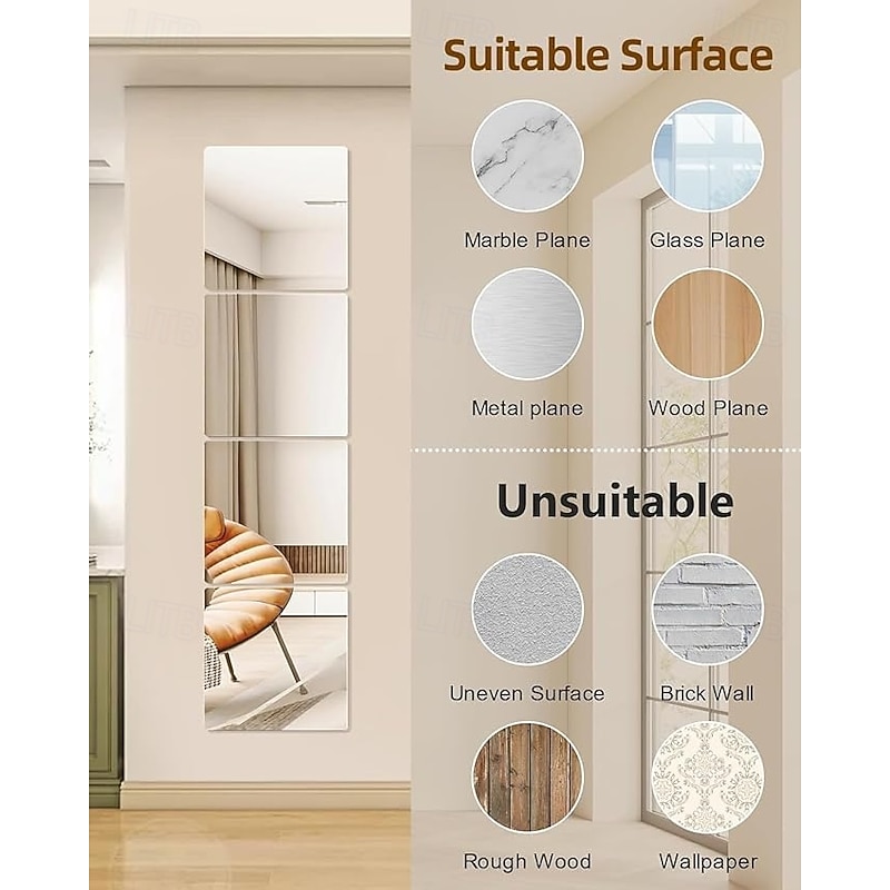 4 Pack Glass Wall Mirror Tiles 12" x 12" Frameless Full Length Mirror Wall Mounted Full Body Mirrors for Bedroom Home Gym Door Bathroom4