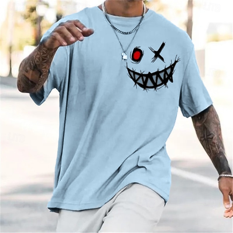 Mens Edgy Stitched Smiley Face Graphic Short Sleeve T-Shirt Casual Top2