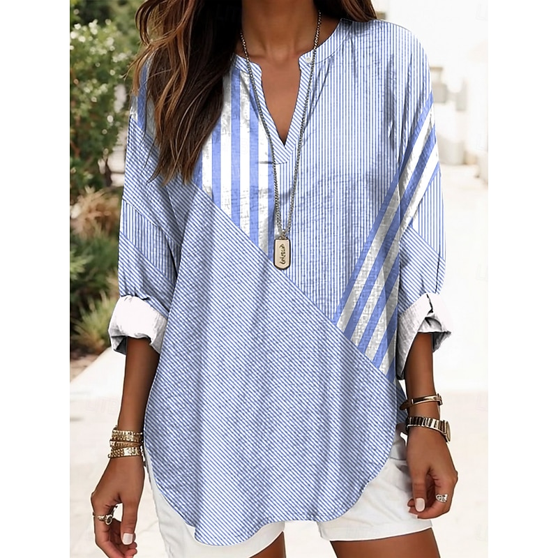 Women's Blouse Tunic V Neck Long Sleeve Boho Casual Tops Graphic Striped Elegant Stylish Regular Tops Daily Print Pink Blue Green2