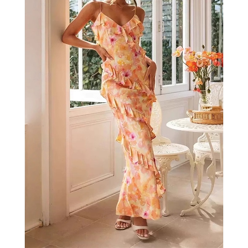 Women's Long Dress Maxi Dress Casual Dress Floral Dress Fashion Elegant Dress Outdoor Party Holiday Regular Fit Flower Sleeveless V Neck Yellow Pink Orange Summer2