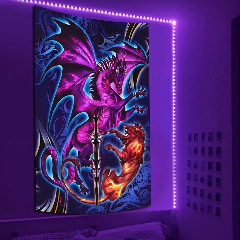 Ruth Thompson Blacklight Tapestry Glow in the Dark Glow Party UV Reactive Trippy Misty Hanging Tapestry Wall Art Mural for Living Room Bedroom Dragonblade Lionblade HI REZ3