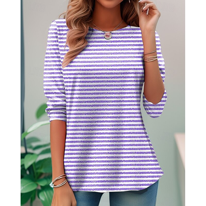 Women's T shirt Long Sleeve Crew Neck Long Sleeve Tunic Graphic Striped Elegant Vintage Regular Tops Daily Going out Weekend Print Pink Blue Purple Orange Green Prefall4