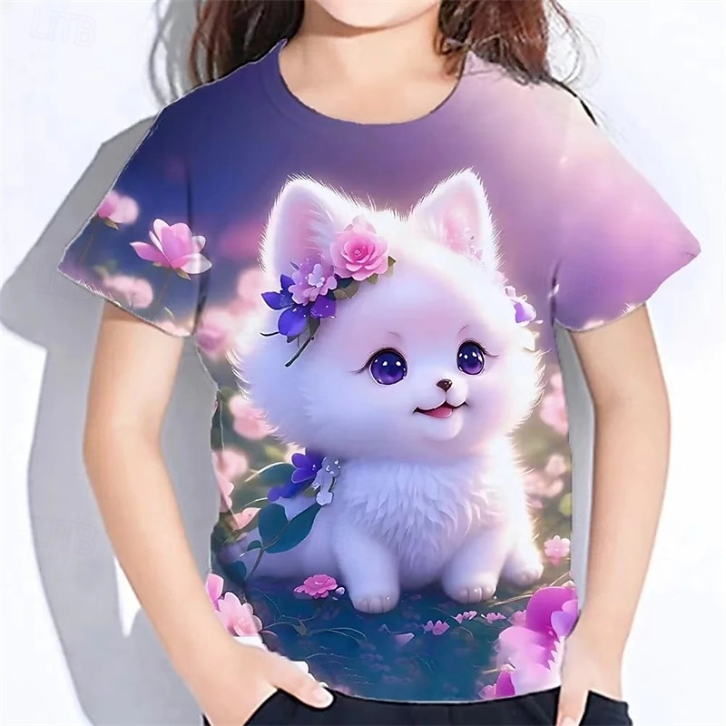Girls' 3D Cat T shirt Tee Short Sleeve Summer Spring Fashion Basic Kids 4-12 Years Crew Neck Outdoor Casual Daily Regular Fit
