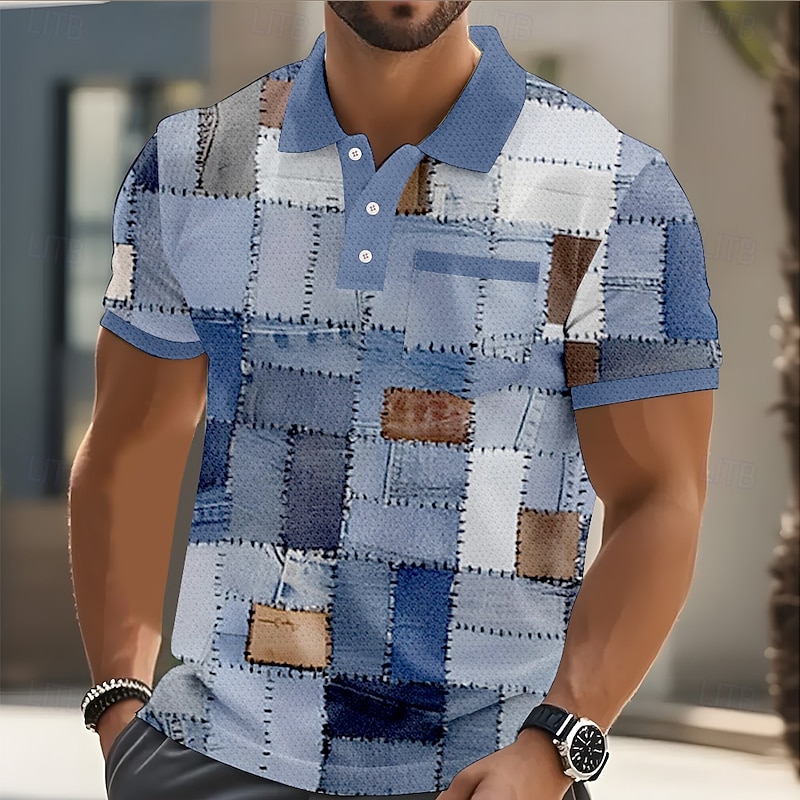 Men's Patchwork Polo Short Sleeve Polo Shirts Collared Shirts Casual Outdoor Athleisure Daily Wear Buttons Pocket 3D Print Summer Blue