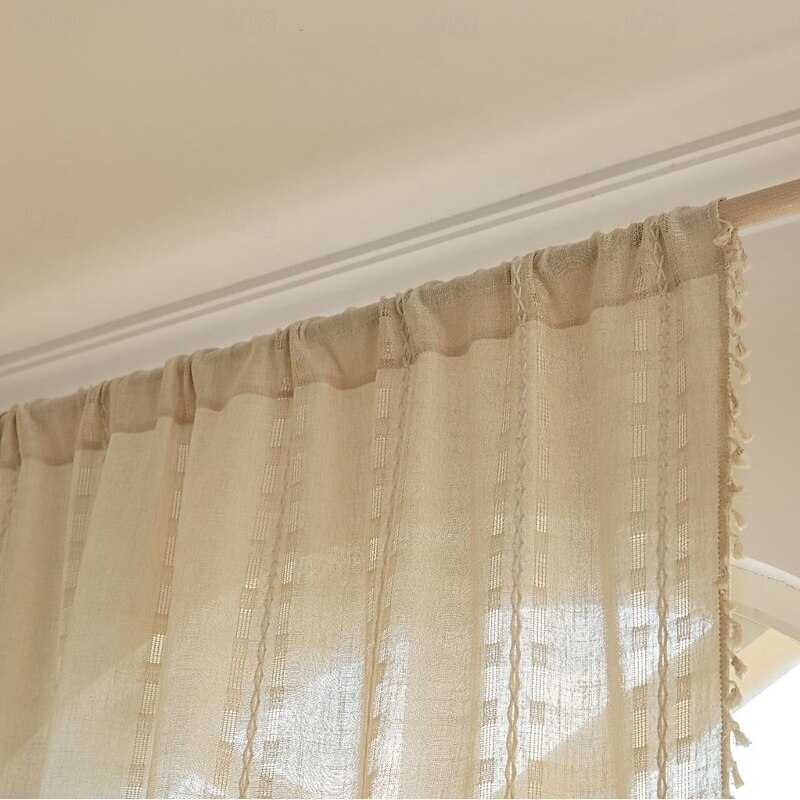 Boho Curtains Crochet Lace Patchwork Semi-Blackout Bohemian Handmade Tassels, Rod Pocket Window Treatment Vintage Rustic Farmhouse Drapes for Living Bedroom4