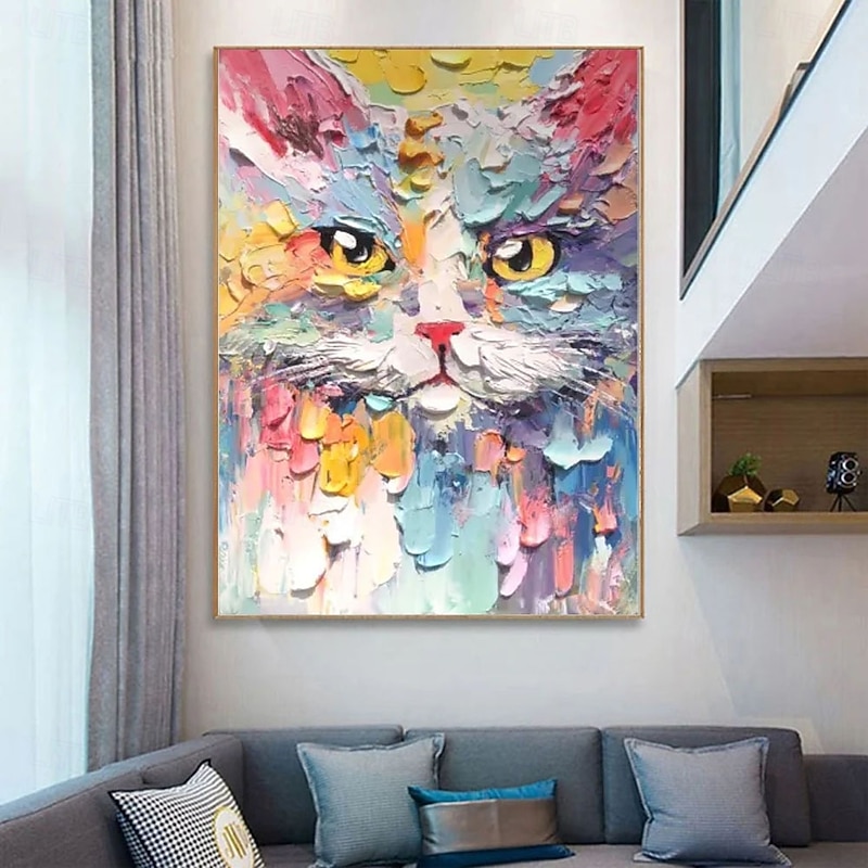 Hand-Painted Whimsical Cat Oil Painting - Vibrant Textured Portrait with Sapphire  Animal oil paintings  Boho Wall Art oil paintings for Living Room bedroom wall Decoration