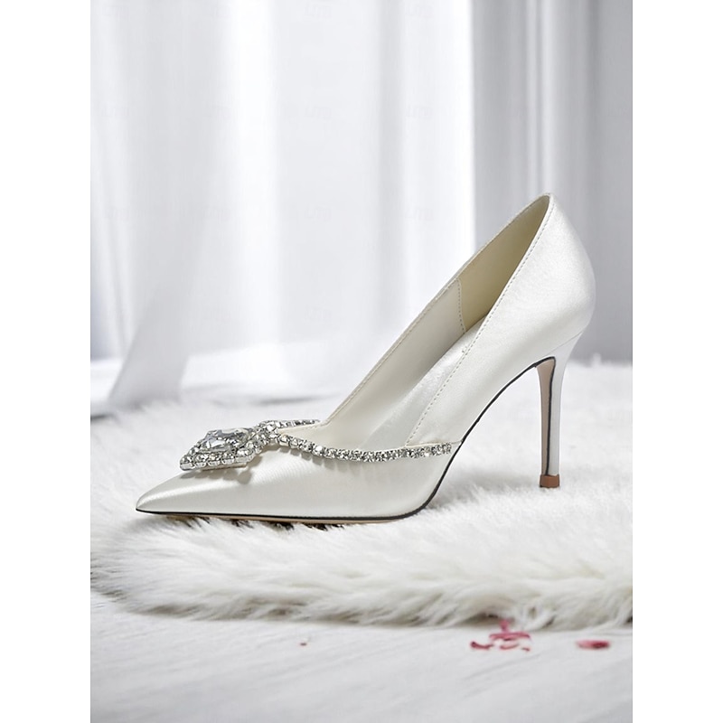 Women's White Satin Pointed Toe Wedding Heels with Crystal Rhinestone - Elegant High Heel Bridal Pumps for Bride Ceremony and Evening Reception3