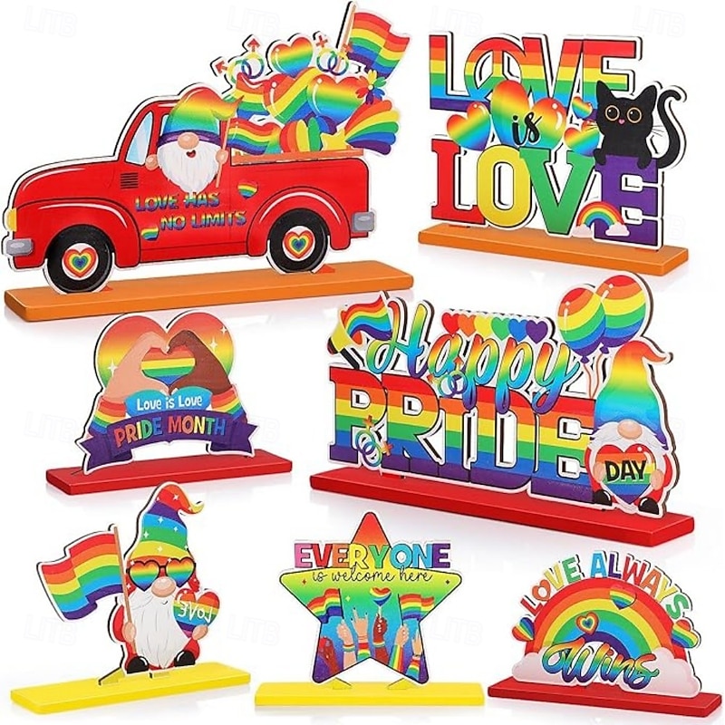 7 Pieces Pride Decorative Wooden Table Centerpieces, Love Is Love Table Decorations for Pride Month, Rainbow Theme LGBTQ Party Supplies, Perfect for Pride Celebration and Party Decor