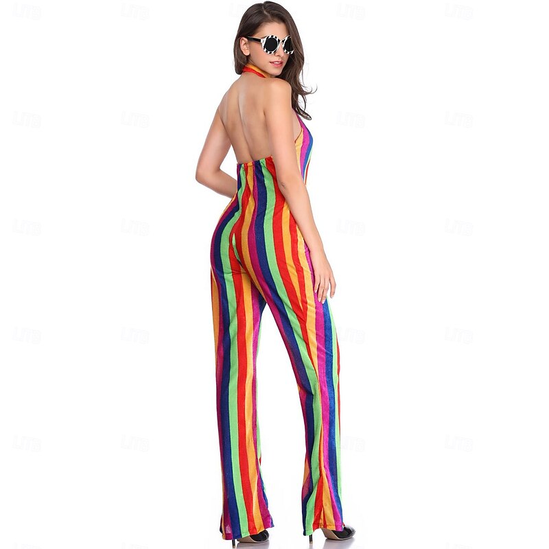 Retro Vintage 1970s Bell Bottom Jumpsuit Flared Trousers Disco Rainbow Striped Fancy Dress Women's Halloween Carnival Music Festival Pride Parade Pride Month Adults' Jumpsuit Summer2