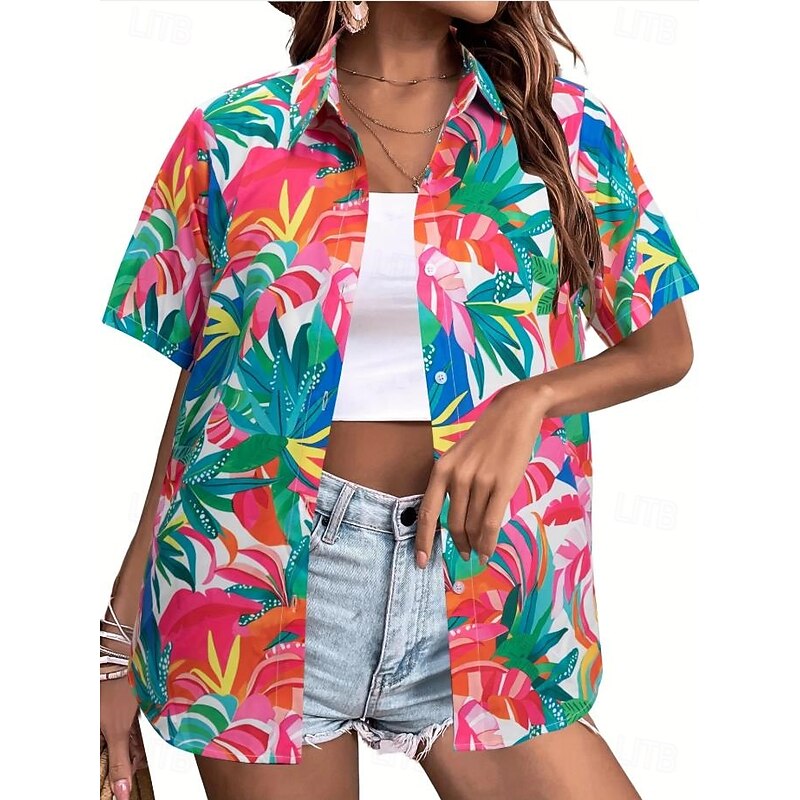 Women's Shirt Long Sleeve Button Down Blouse Floral Graphic Vintage Tropical Daily Sleeveless Short Sleeve Shirt Collar Regular Tops Daily Navy Blue Light Blue Summer Spring4
