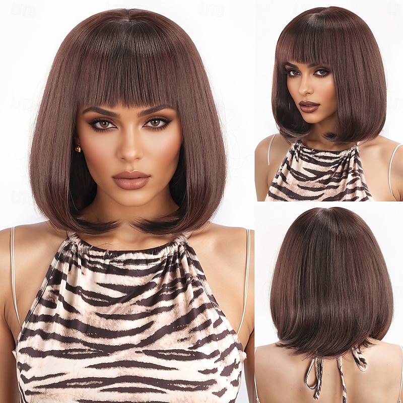 Synthetic Wig kinky Straight Yaki Straight Asymmetrical Neat Bang Machine Made Wig 12 inch A1 Synthetic Hair Women's Comfortable Color Gradient Highlighted / Balayage Hair Brown