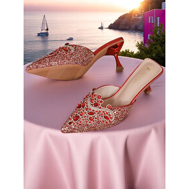 Women's Gold Sequin Embellished Mule Heels - Pointed Toe Slip-On Party Shoes with Rhinestone Detailing for Glamorous Cocktail Events3