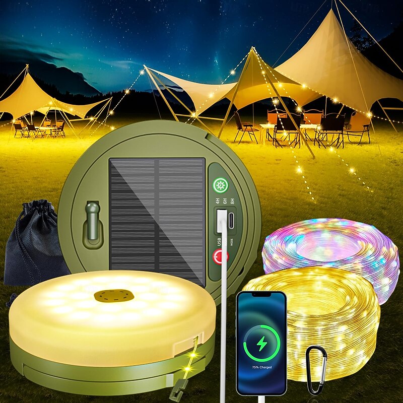 1 Pc10m/33ft Outdoor Solar Waterproof Camping Light String Lights For Convenient Storage for Halloween, Color Light Warm Light Infinite Dimming Tent Canopy Decoration Lighting Remote Control