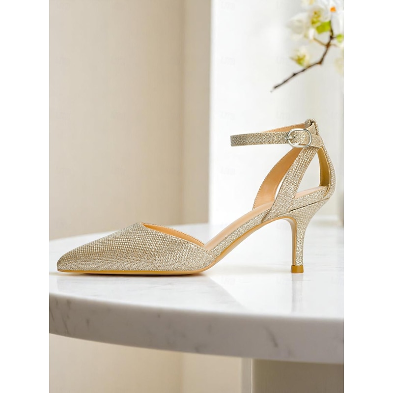 Women's Gold Glitter Ankle Strap Heels, Pointed Toe Dress Shoes for Cocktail Party and Formal Events2