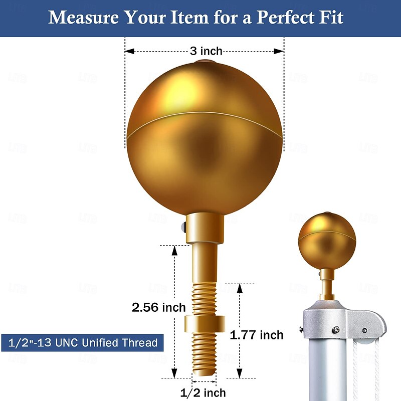 Flag Pole Ball Topper Ornament-Flagpole Top Replacement, Gold Aluminum Anodized Finish - 1/2"13UNC Threading Fit Most USA Flag Pole,Truck Lamp, Solar Light3