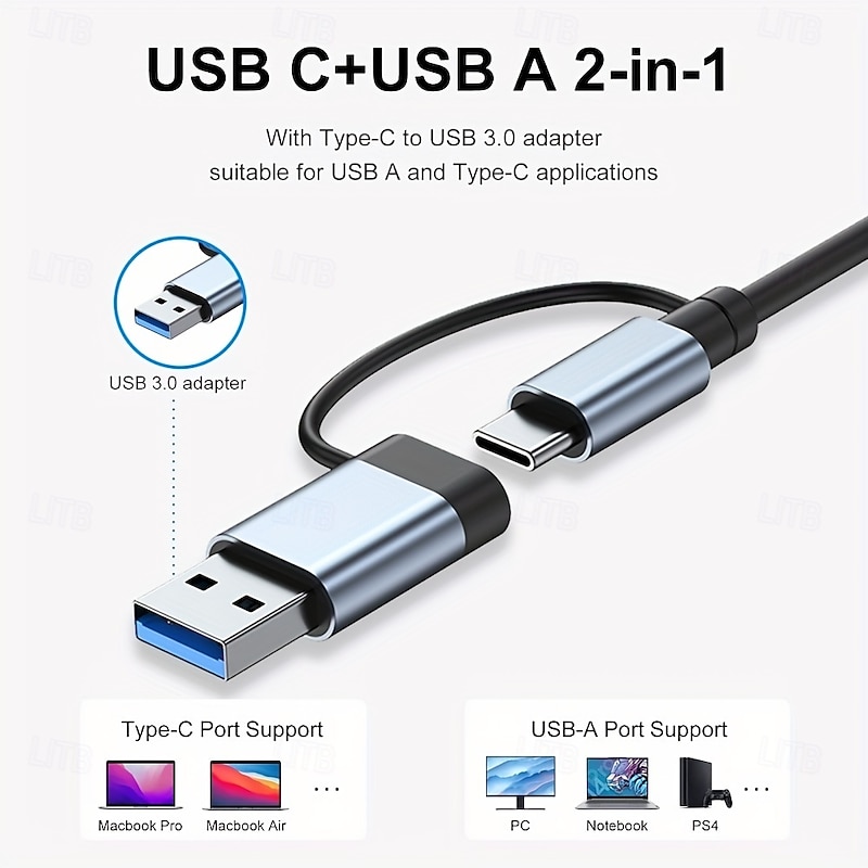 7-in-1 Multiport Adapter USB C + USB 3.0 Hub Splitter with Type-C PD, 5 USB Ports, OTG Compatible, for MacBook, PC, Tablet, PS44