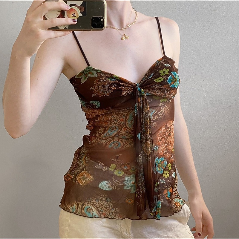 Women's Boho Shirt Blouse Flower Modern Boho Sleeveless Strap Regular Tops Holiday Going out Print Brown Summer
