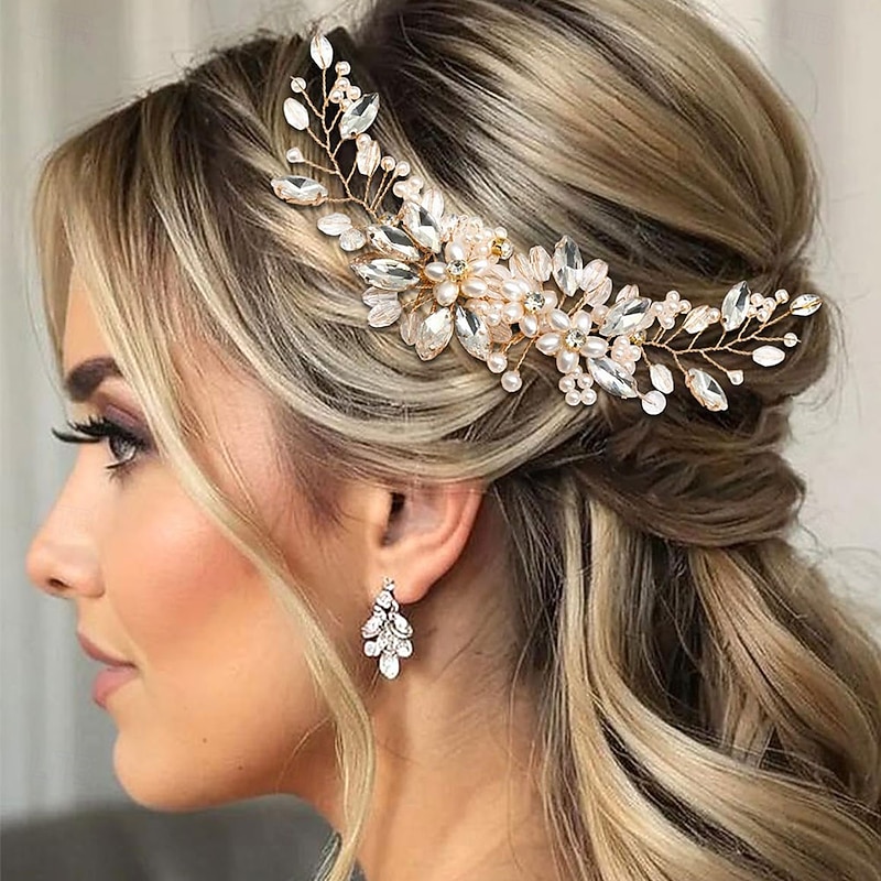 Wedding Hair Piece Sparkly Crystal Hair Side Comb Gold Bridal Pearl Headwear Bride Bridesmaid Flower Headdress for Women and Girls