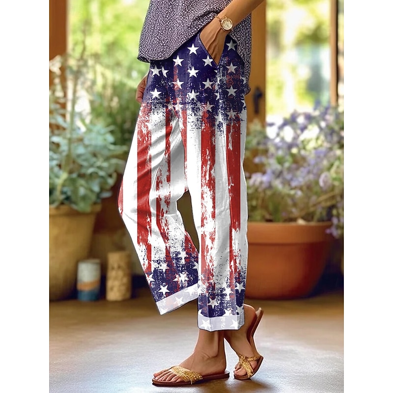 Women's Patriotic  Skinny Vacation Vintage Stylish Full Length High Waist Pants Graphic Flag Printing Breathable Soft Red Dark navy Royal Blue Summer