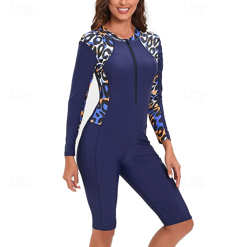 Women's Rash Guard One Piece Swimsuit UV Sun Protection UPF50+ Long Sleeve Swimwear Bathing Suit Front Zip Swimming Surfing Beach Water Sports Leopard Summer Spring Autumn4