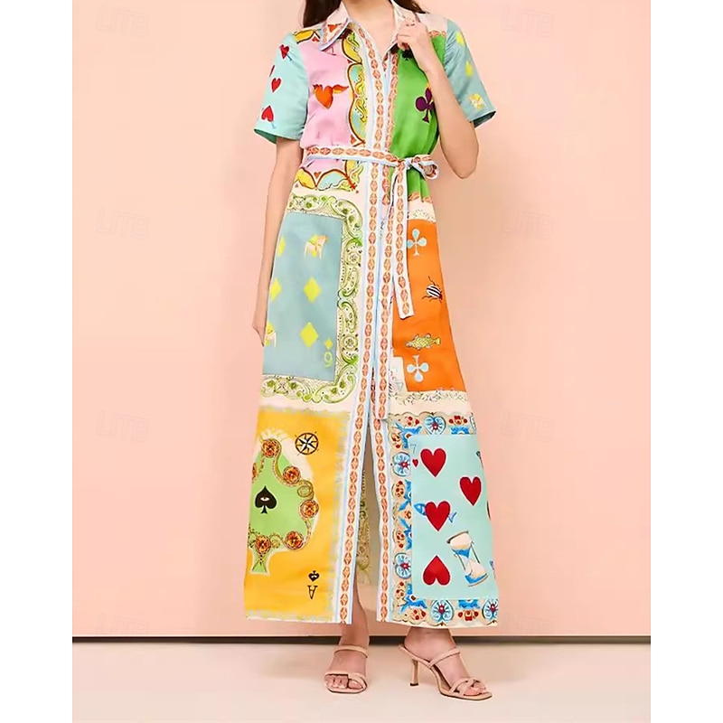 Women's Long Dress Maxi Dress Cotton Linen Dresses Casual Dress Fashion Outdoor Party Holiday Regular Fit Color Block Short Sleeve Shirt Collar Orange Summer