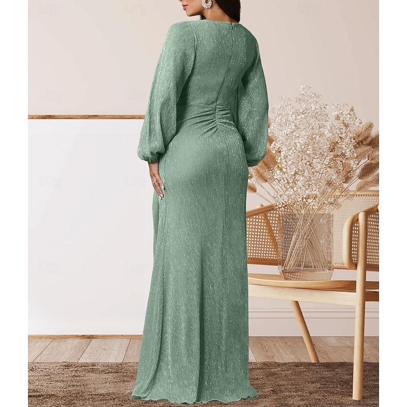 A-Line Mother of the Bride Dress Wedding Guest Elegant Sweet V Neck Floor Length Chiffon Long Sleeve with Ruffles Ruching2