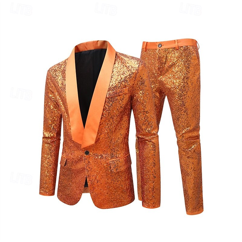 Men's Blazer Set Stage Wedding Party Party / Cocktail Fashion Casual Spring Autumn / Fall Polyester Plain Pocket 2 Piece Comfortable Single Breasted Blazer Orange3