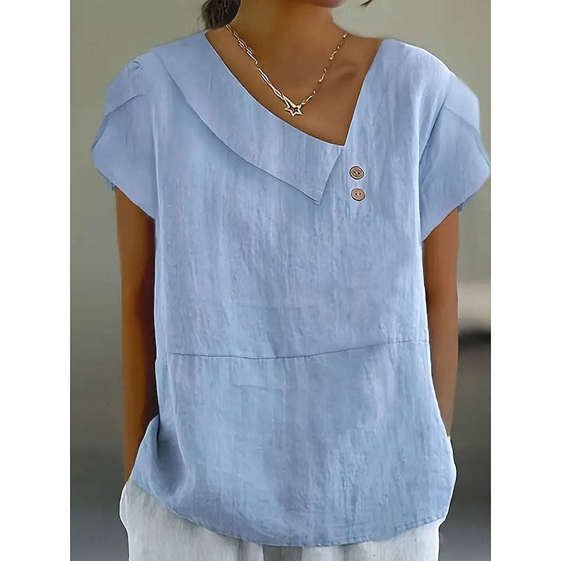 Women's Blouse Solid Color Elegant Casual Short Sleeve Asymmetrical Regular Tops Daily Holiday Pleated Blue Summer