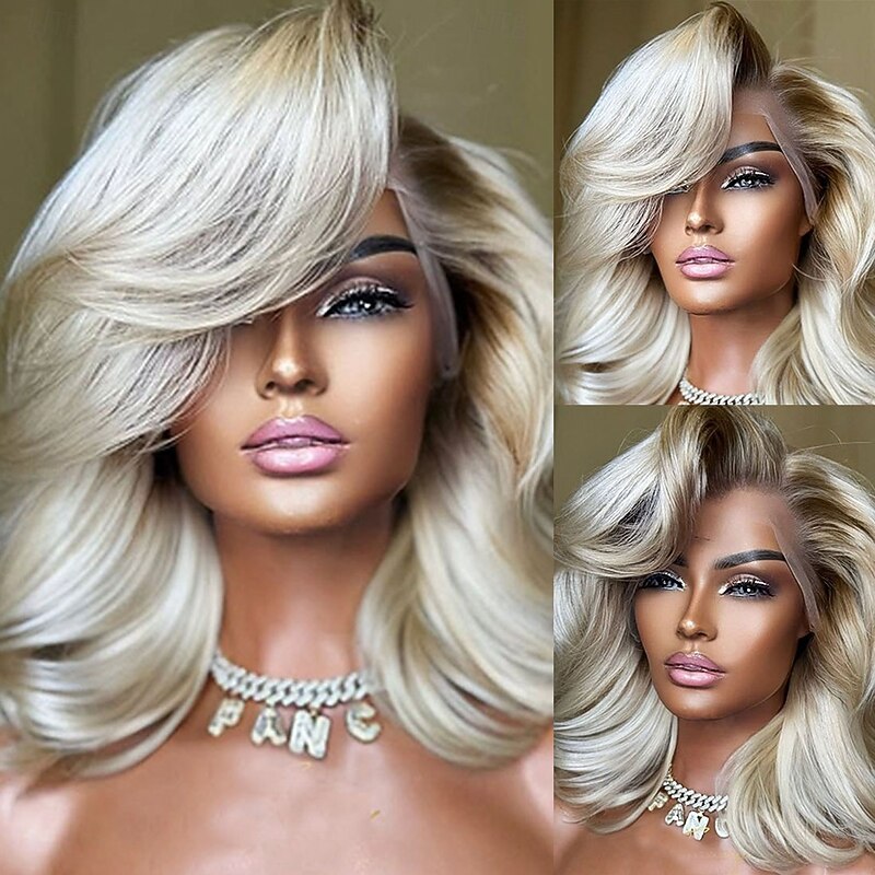 Ombre Ash Blonde Remy Human Hair 5x5 Closure Wigs Short Bob 13x4 Lace Front Wig  Brazilian Hair Wavy  Hair Natural Hairline 100% Virgin Glueless Human Hair Wigs Pre-Plucked For Women4