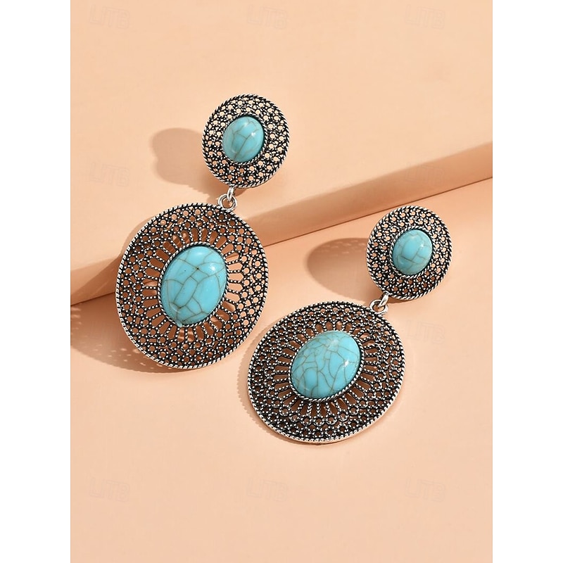 Women's Bohemian Turquoise Drop Earrings – Vintage Western Style Statement Jewelry with Feather and Bead Details for Parties, Festivals and Casual Wear2