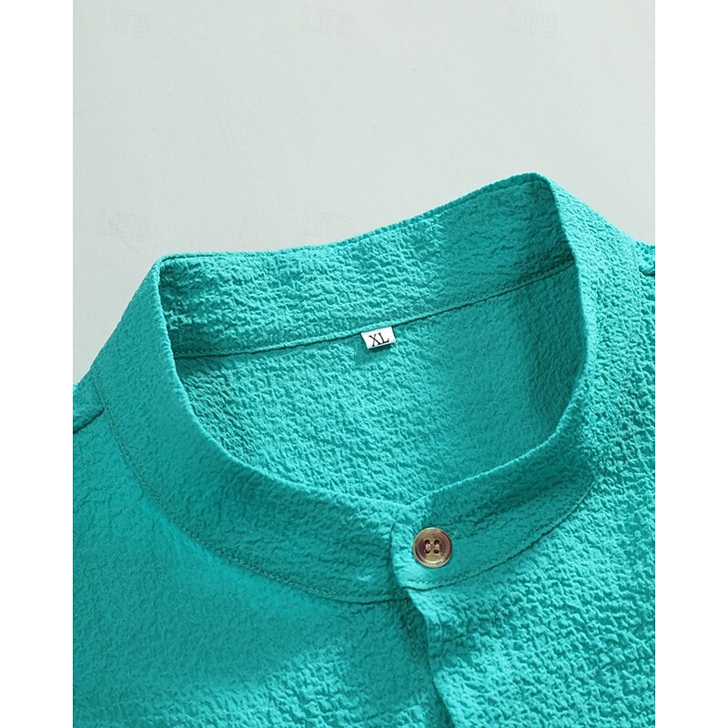 Men's Shirt Summer Shirt Casual Shirt Beach Shirt Button Up Shirt Black Blue Army Green Beige Gray Short Sleeve Plain Band Collar Vacation Hawaiian Clothing Apparel Fashion Casual Comfortable3