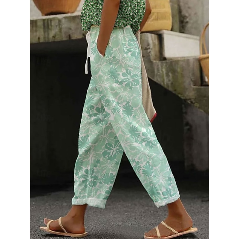 Women's Skinny Elegant Vacation Vintage Full Length High Waist Floral Graphic Printing Soft Breathable Micro-elastic Formal Outdoor Vacation White Blue Purple Green Summer Spring Regular Fit2