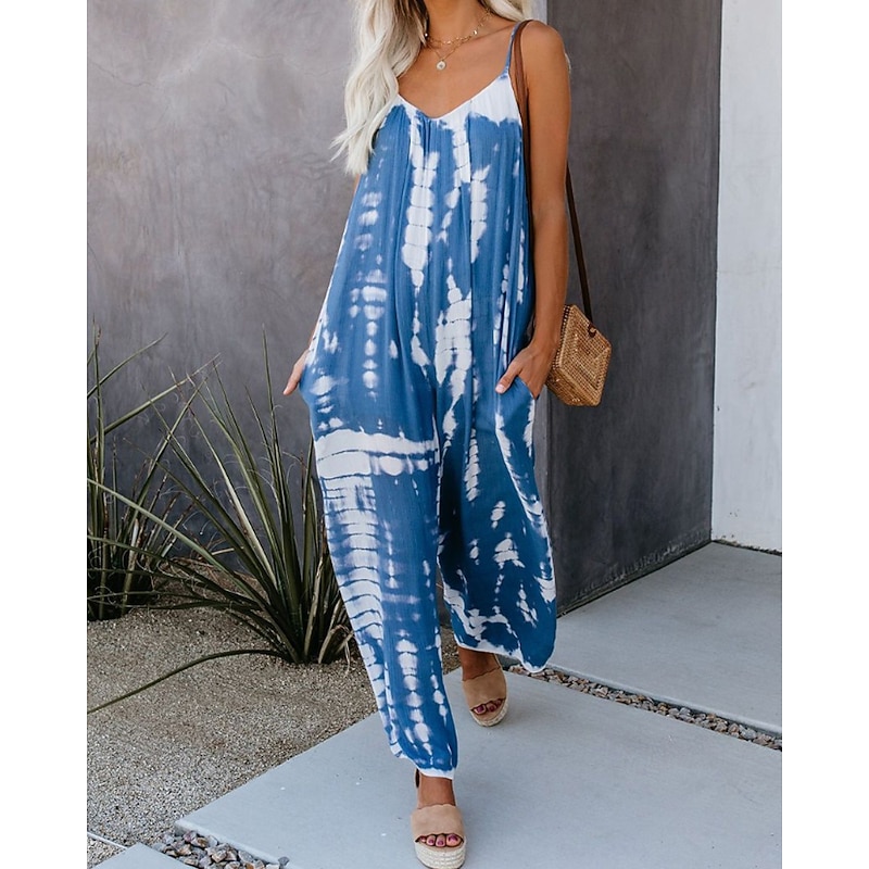 Women's Normal Jumpsuit Streetwear Tie Dye Sleeveless V Neck Pocket Street Daily Regular Fit Yellow Pink Red Summer4