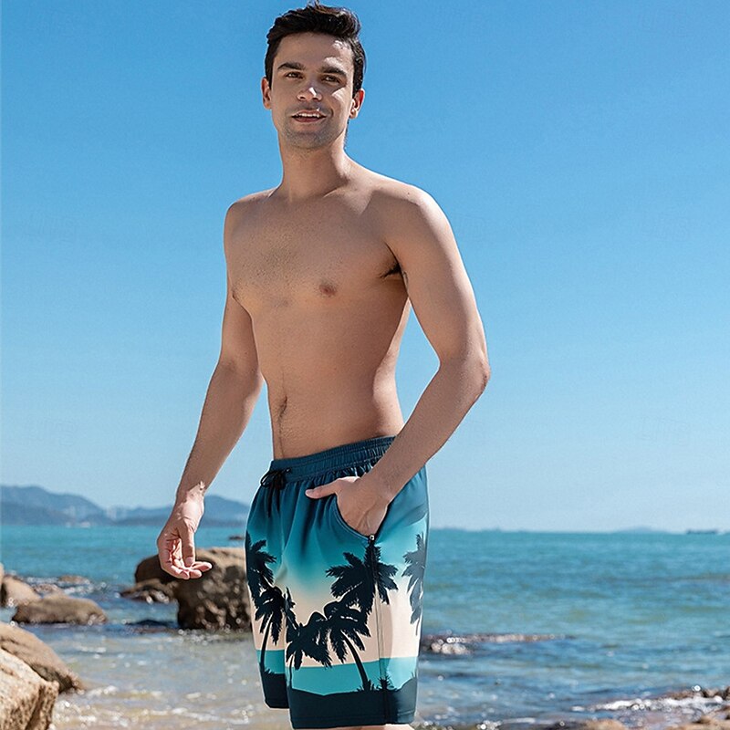 Men's Shorts Beach Shorts Drawstring Pocket Print Graphic Leaf Tree Quick Dry Outdoor Knee Length Outdoor Vacation Home Vacation Ethnic Style Lake blue Dark Blue / Red Micro-elastic2