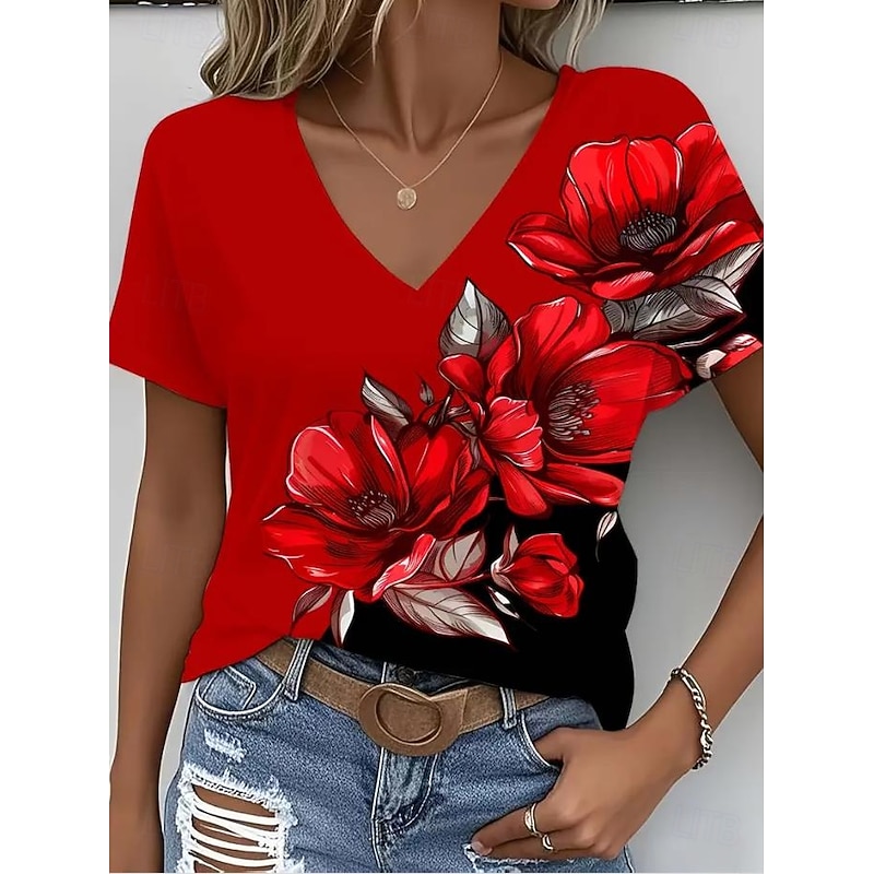 Women's T Shirt Ombre Graphic Plants Fashion Hawaiian Casual Long Sleeve V Neck Regular Tops Daily Going out Weekend Print Yellow Red Summer Spring