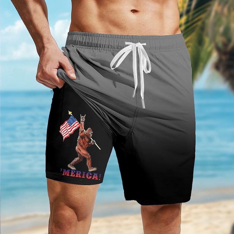 Independence Day Men's US Flag Patriotic Lined Shorts 2 in 1 Board Shorts Swim Trunks Mid Waist Holiday Side Pockets With Compression Liner Elastic Drawstring Waist Designer Clothing Apparel3