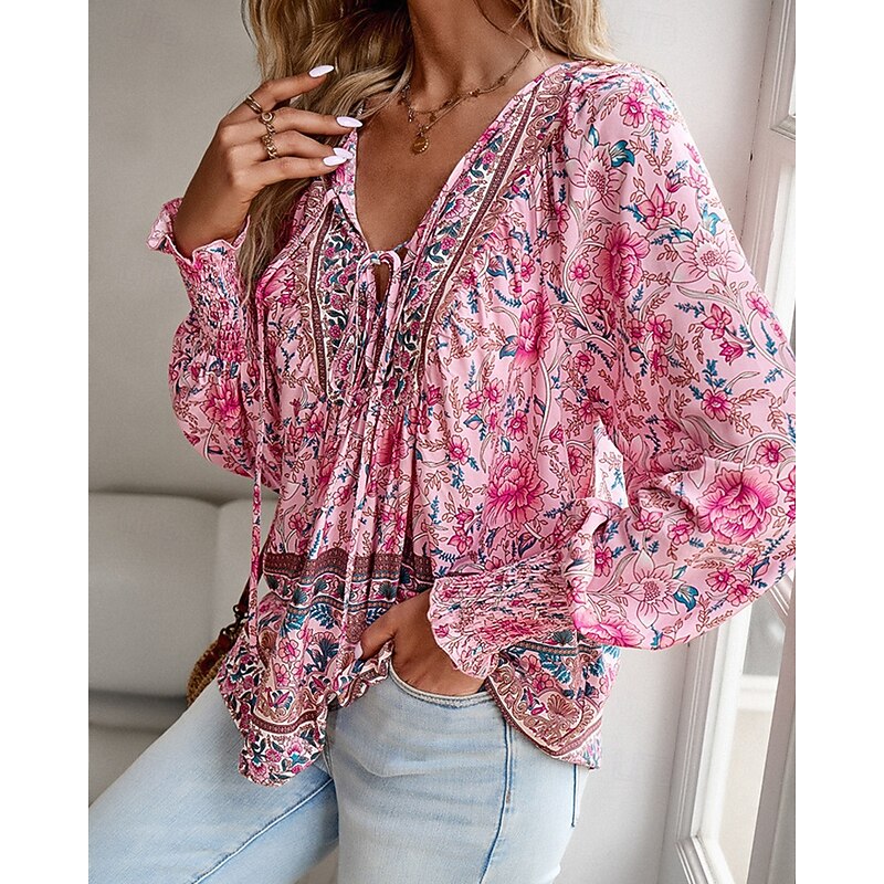 Women's Shirt Boho Shirt Summer Tops Flower Daily Stylish Casual Long Sleeve V Neck Regular Tops Work Daily Holiday Print Pink Navy Blue Blue Spring Fall