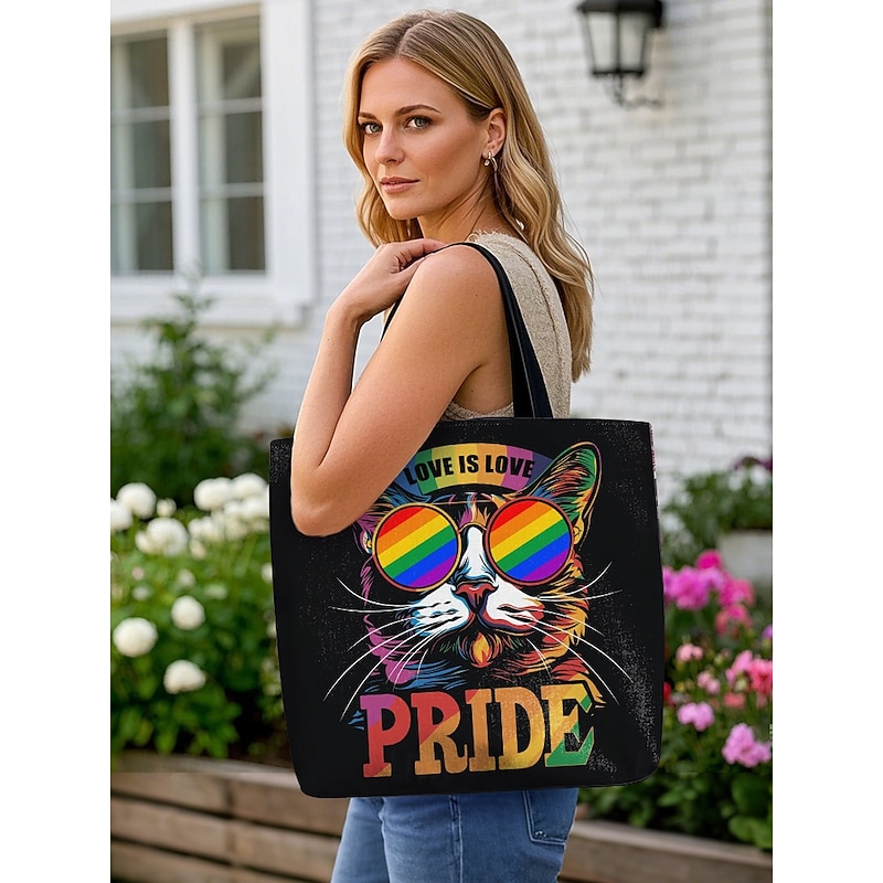 LGBTQ Pride Tote Bag with Rainbow Cat/Heart/Sunflower Print – Love is Love Design, Durable Canvas Shoulder Bag for Women and Men, Perfect for Parades, Festivals and Daily Use