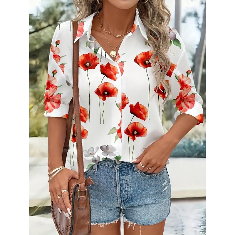 Women's Shirt Button Down Tunic Shirt Collar Long Sleeve Floral Graphic Vintage Tropical Daily Regular Tops Work Daily Holiday s Print White Blue Spring2