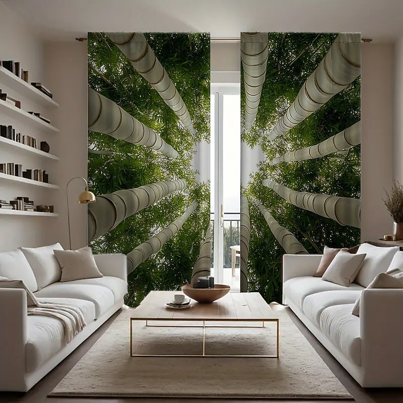 2-piece set of green bamboo forest pattern curtains suitable for study kitchen living room dormitory pole bags bedroom accessories room decoration and home decoration ceiling curtains