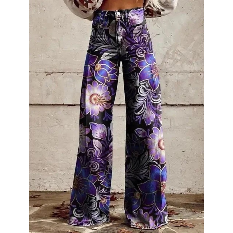 Retro Vintage Boho 1970s Pants Wide Legged Pants Hippie Disco High Waist Floral Faux Jeans Style Fancy Dress Women's Carnival Casual Daily Music Festival Retro Theme Party Adults' Pants3