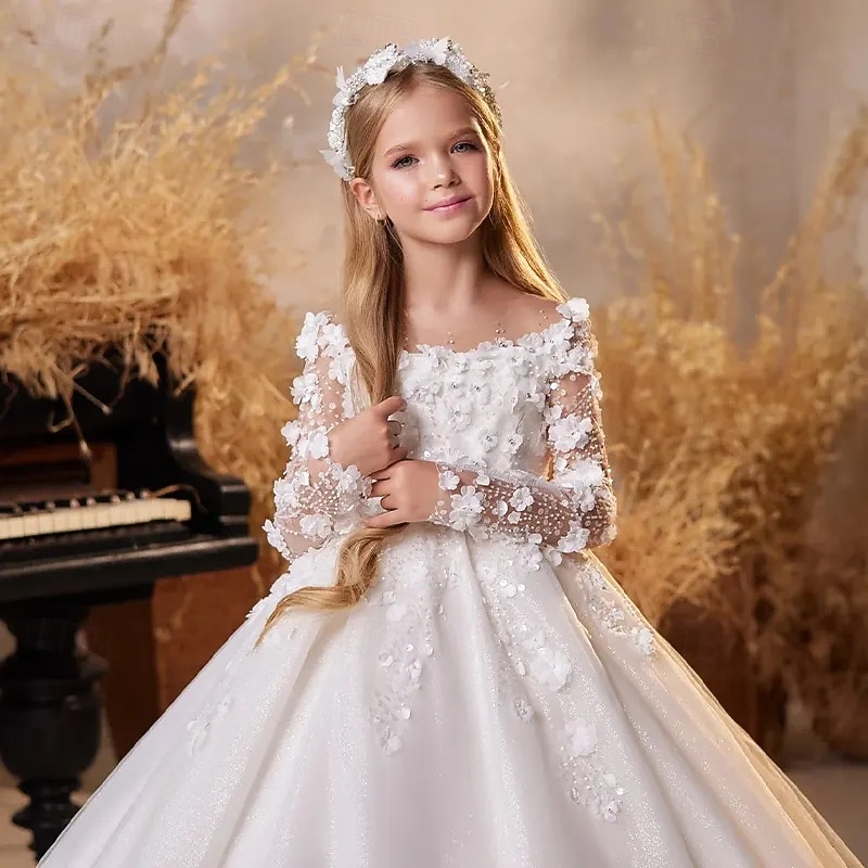 Ball Gown Sweep / Brush Train Flower Girl Dress First Communion Frozen Elsa Girls Cute Prom Dress Tulle with Ruched Royal Style Tutu Fit 3-16 Years3