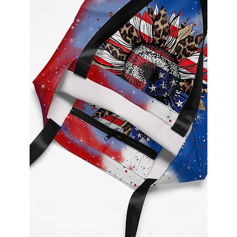 American Flag Sunflower Print Tote Bag with Starry Background, Boho Style, Perfect for Women - Ideal for Independence Day, Festivals and Beach Outings4