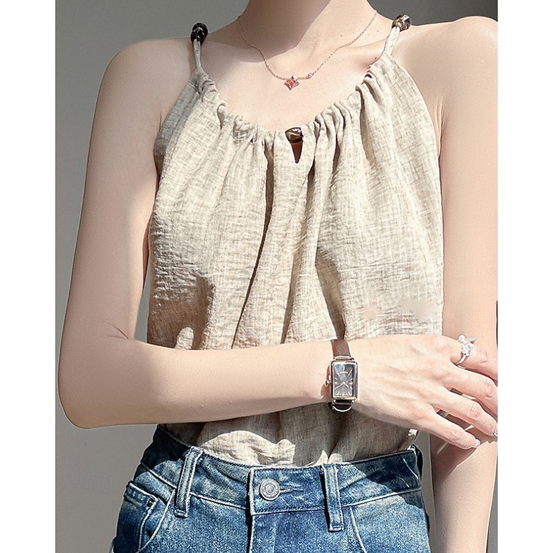Women's Cotton Linen Shirts Linen-Inspired Sets Blouse Plain Modern Casual Sleeveless Strap Regular Tops Daily Holiday Going out Ruched Black Beige Summer3