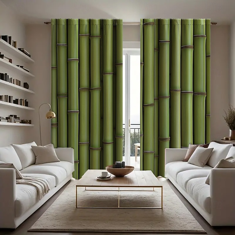 2-piece set of green bamboo patterned curtains suitable for study kitchen living room dormitory pole bags bedroom accessories room decoration and home decoration ceiling curtains