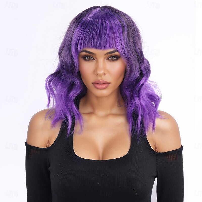 Synthetic Wig Wavy Water Wave Asymmetrical Neat Bang Machine Made Wig 14 inch A1 Synthetic Hair Women's Anime Classic Comfortable Purple3