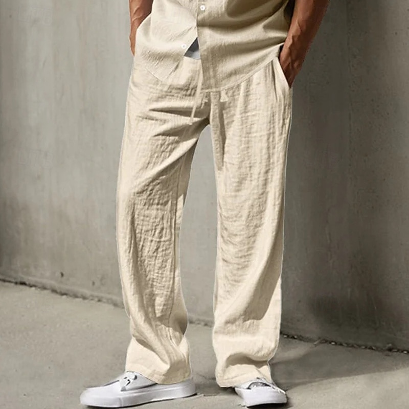 Men's Linen Pants Trousers Summer Pants Baggy Pants Beach Pants Drawstring Elastic Waist Straight Leg Plain Comfort Breathable Full Length Daily Holiday Going out Fashion Classic Style Black White