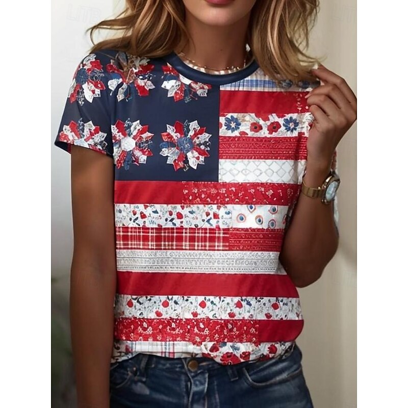 Women's Patriotic  T Shirt Graphic Flag American Flag Vintage Stylish Classic Short Sleeve Crew Neck Regular Tops Daily Weekend Print White Red Summer Spring