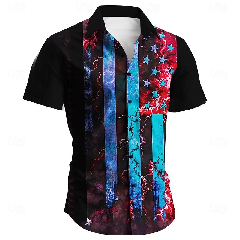 Independence Day Men's US Flag Patriotic Fourth of July Shirt Summer Shirt Button Up Shirt Short Sleeve Fashion Casual Holiday Festival Summer Spring Turndown 3D Print Collared Shirts Black